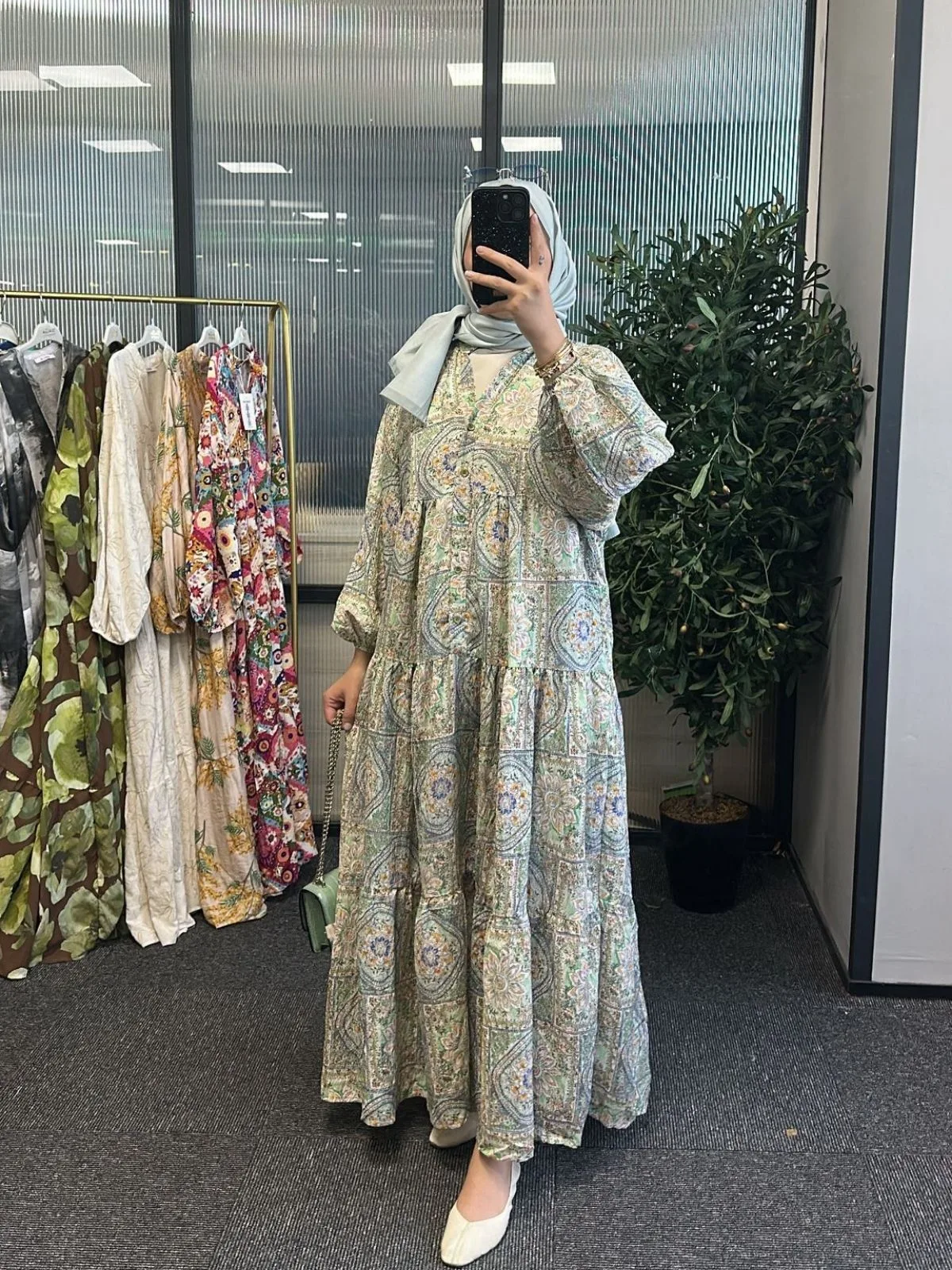 Vintage Mozaik Katlı Elbise - Mint Çini  ( Şal Hediye )